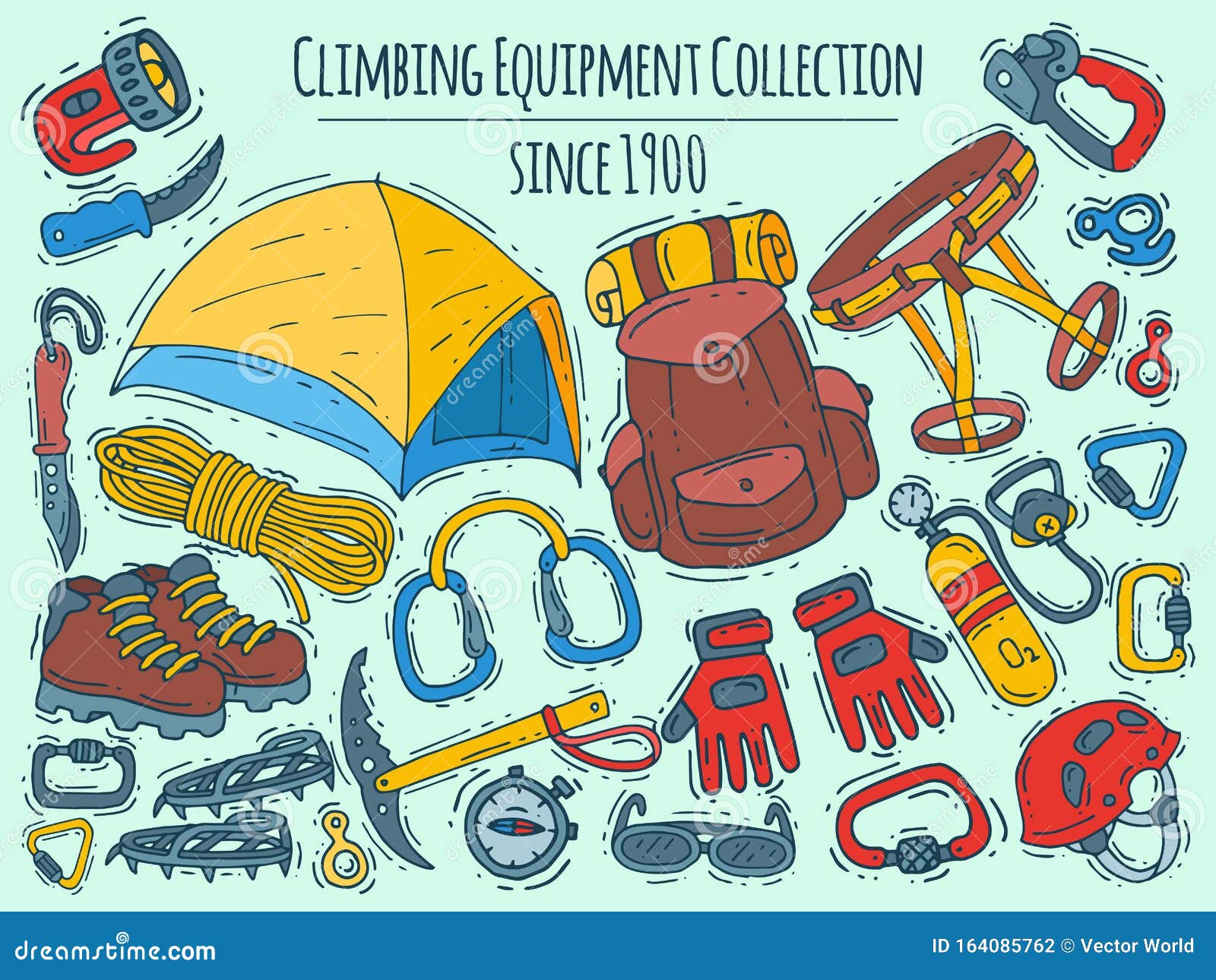 Mountain Climbing, Alpinism And Mountaineering Cartoon Symbols Banner. Hiking Equipment Vector Illustration. Hike For Stock Vector - Illustration of activity, backpack: 164085762